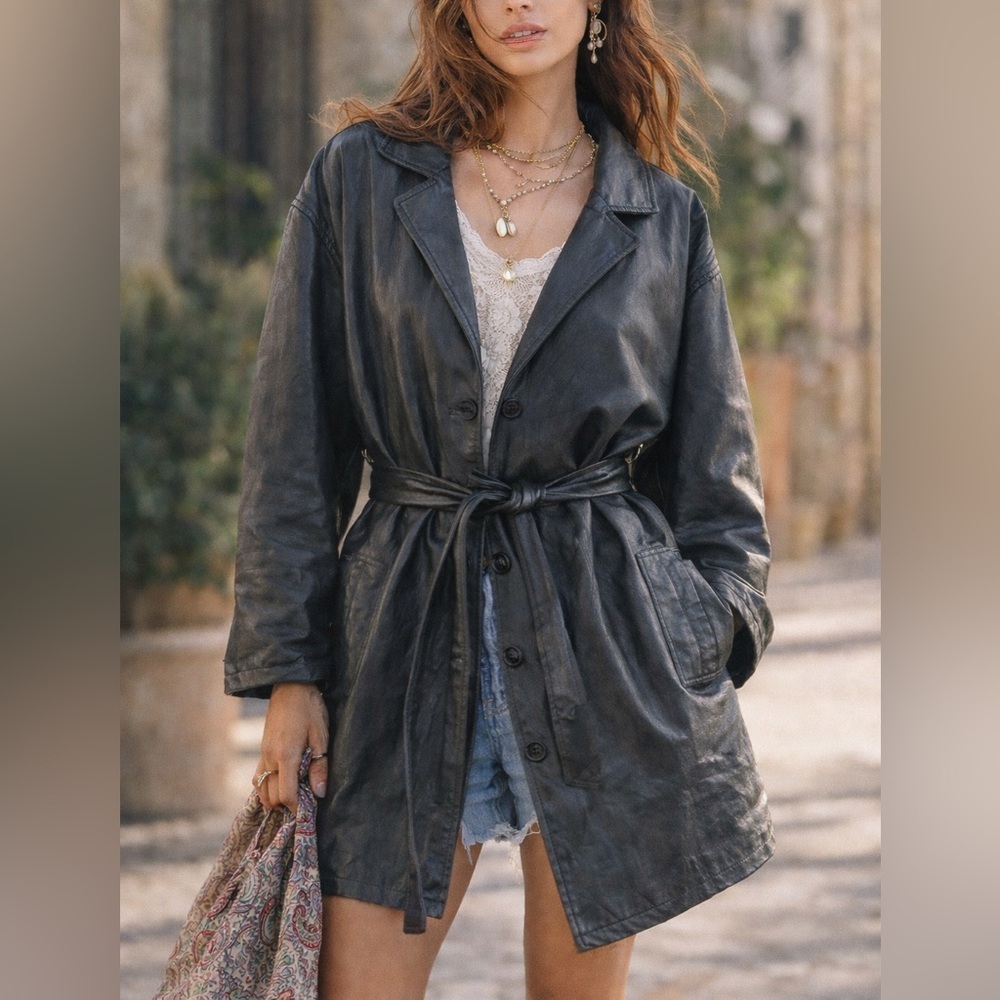 1980’s VTG Women’s 3XL Genuine Leather Trench Coat Grunge Biker Core Outerwear